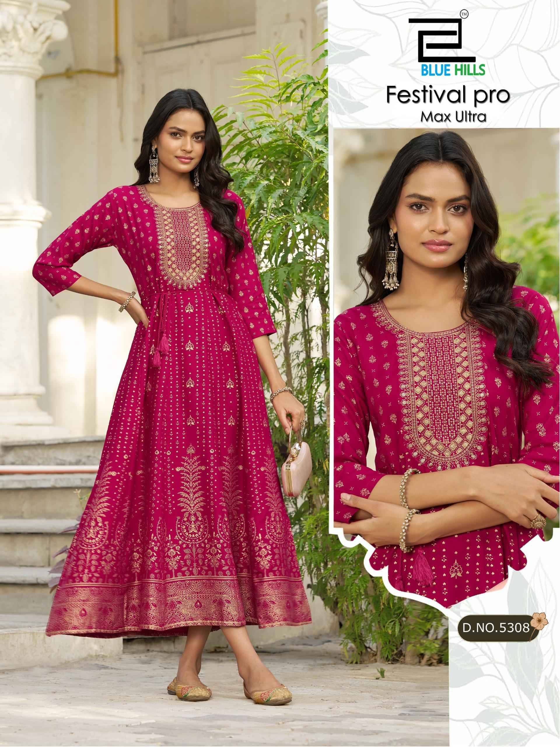 Festival Pro max ultra By BLUE HULLS 5303 To 5308 Series Designer Stylish Fancy Colorful Beautiful Party Wear & Ethnic Wear Collection Rayon 14kg Gown At Wholesale Price